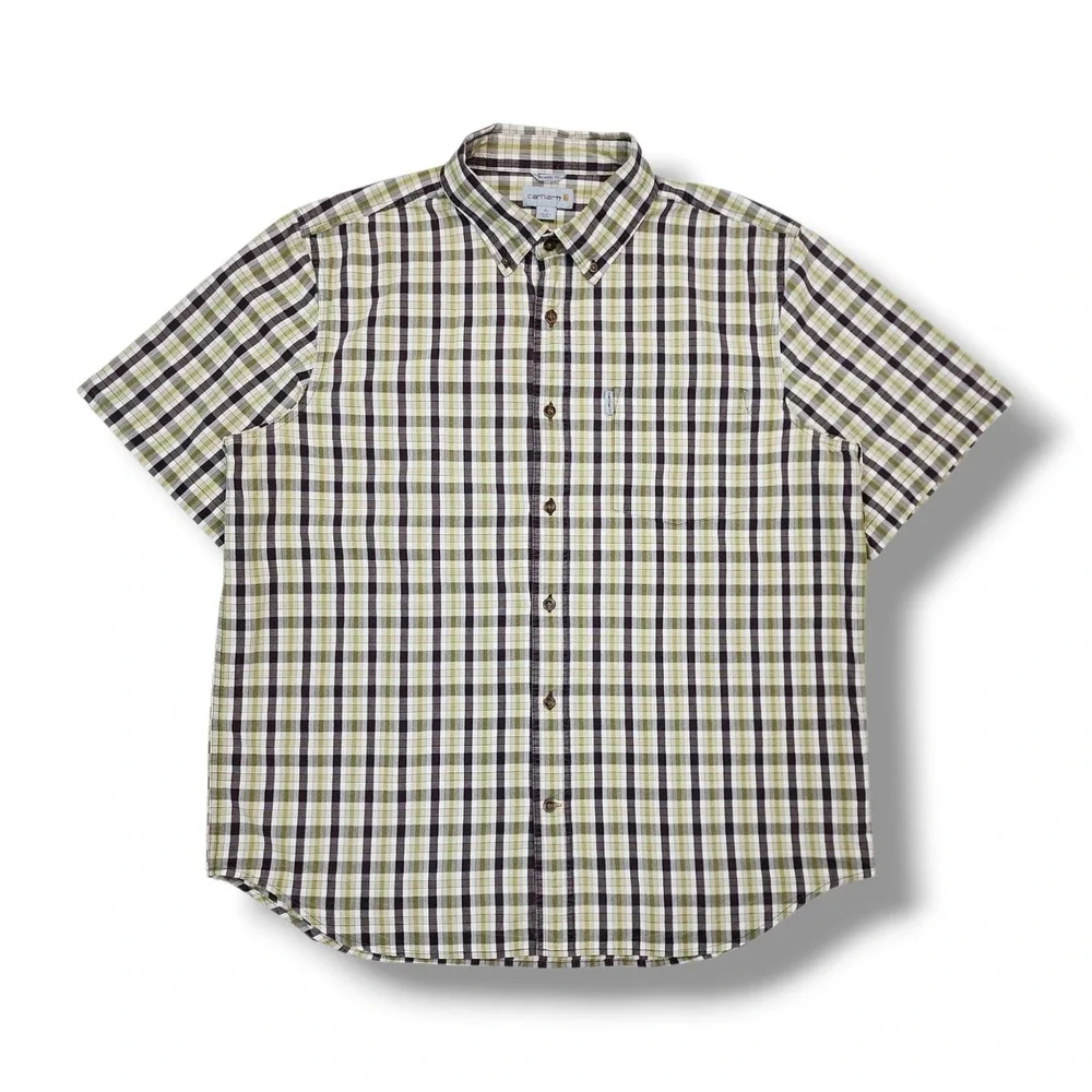 Carhartt‎ Relaxed Fit Green/Brown Plaid Button Down Short Sleeve Shirt Men's XL